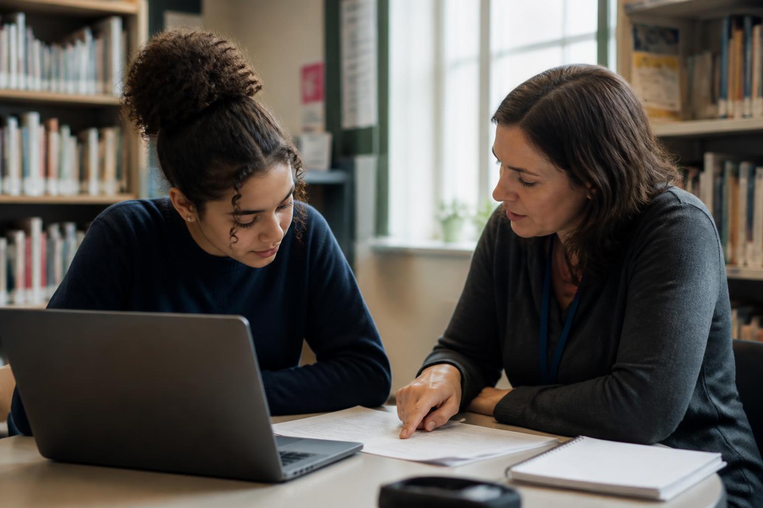 A tutor and a teenage student working together on a laptop in a community library study room