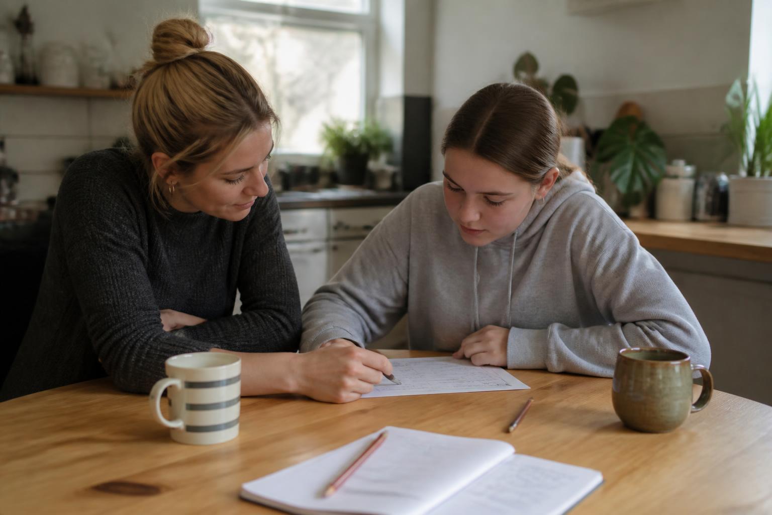 A tutor and a teenage girl working through a worksheet at a kitchen table in soft afternoon light
