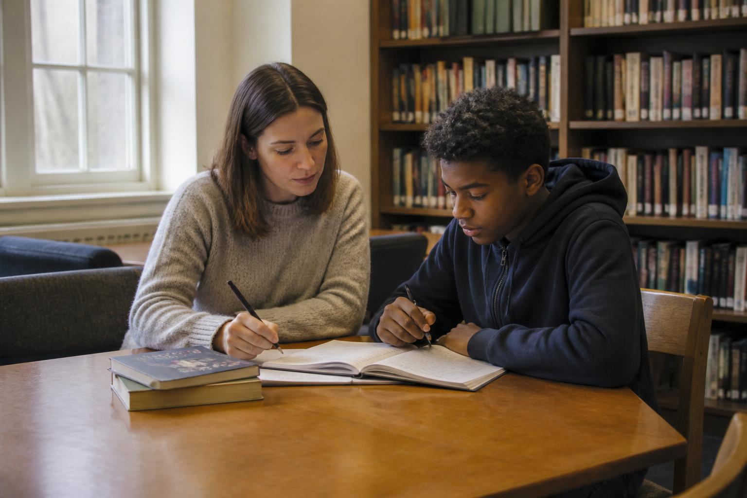 A tutor and a secondary-age young person working through a notebook together in a quiet library meeting room