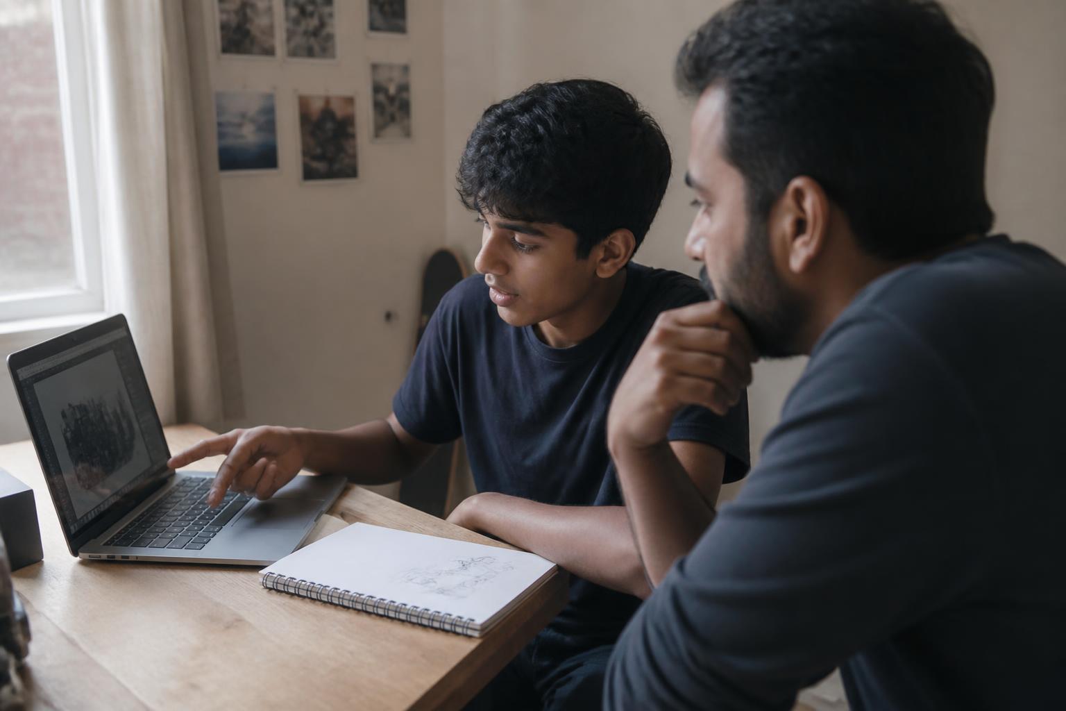 A teenage boy showing his work on a laptop to a trusted adult mentor sitting beside him