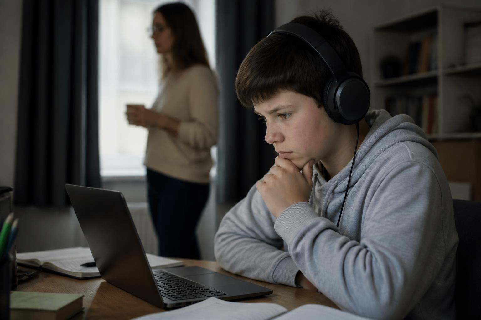 A young person at a desk at home working on a laptop with headphones on, a parent quietly present in the background