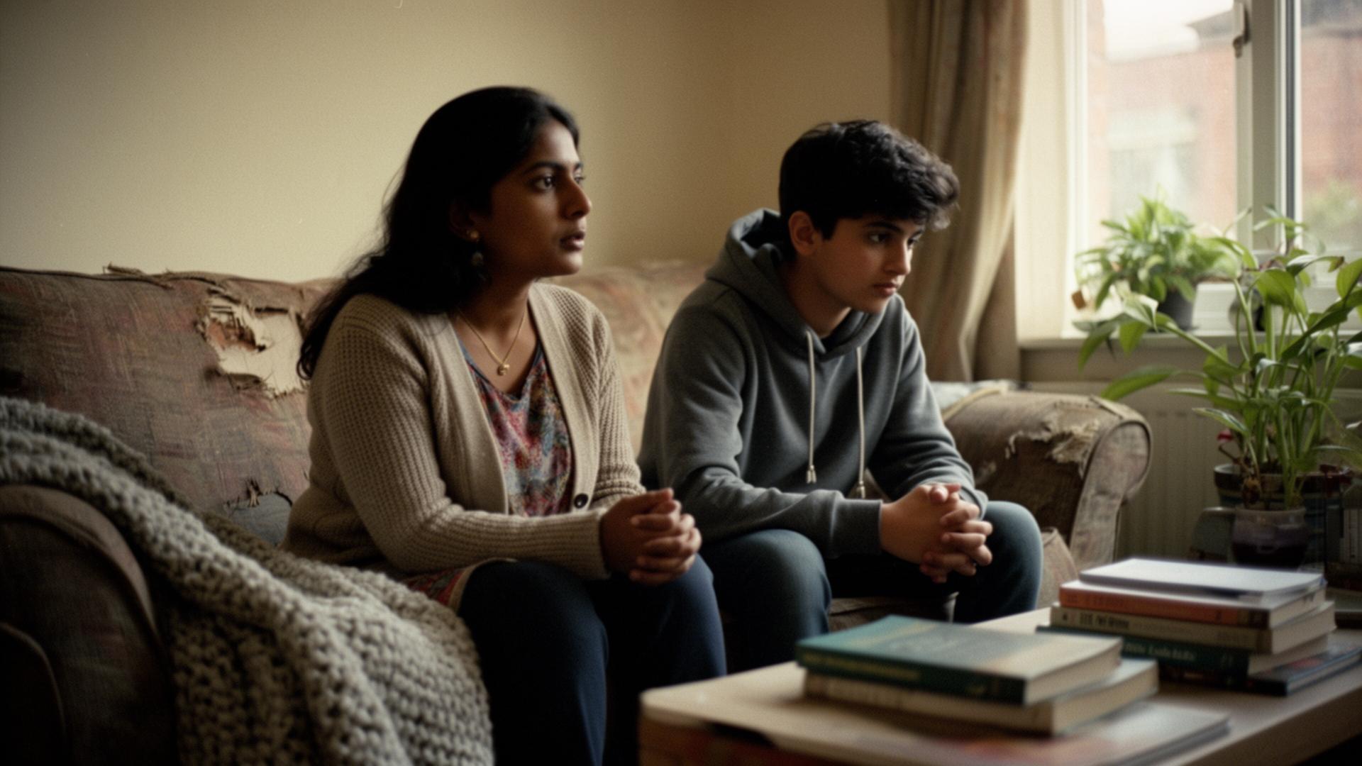 A parent and teenage child sitting quietly together on a sofa at home in late afternoon light