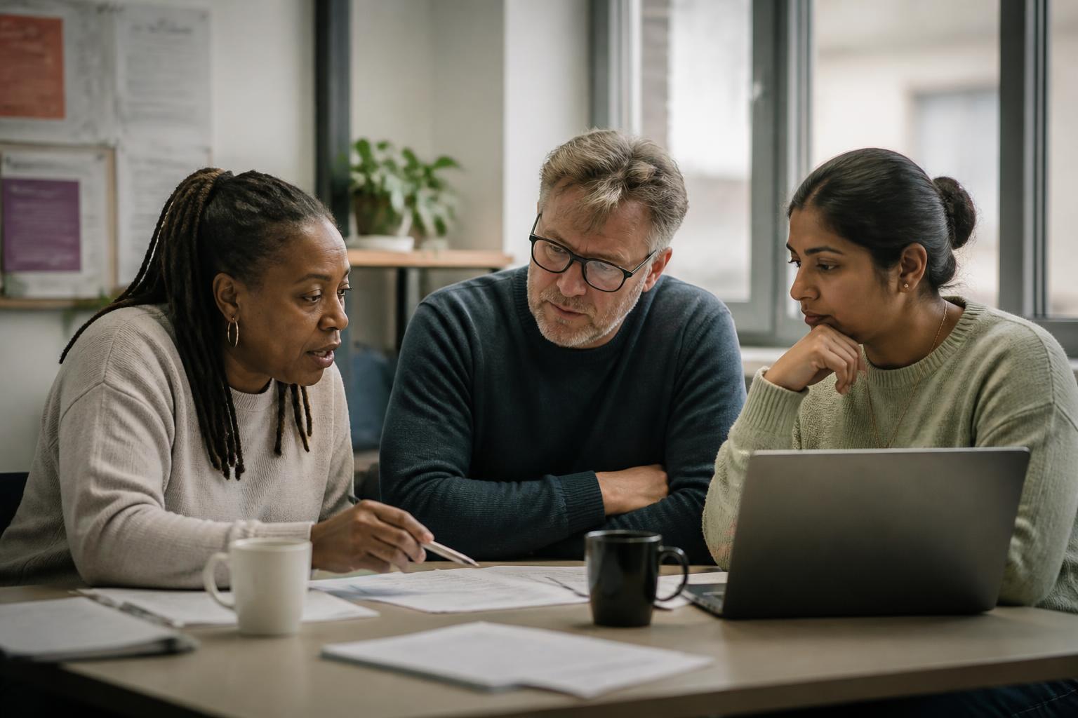 Three Parity Education colleagues reviewing case notes around a table, laptop and printed papers in front of them